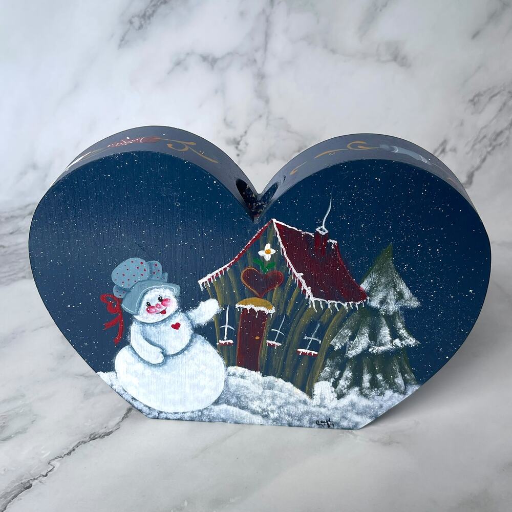 Vintage 1984 Hand Painted Wood Heart Snowman Taper Candle Holder Folk Art